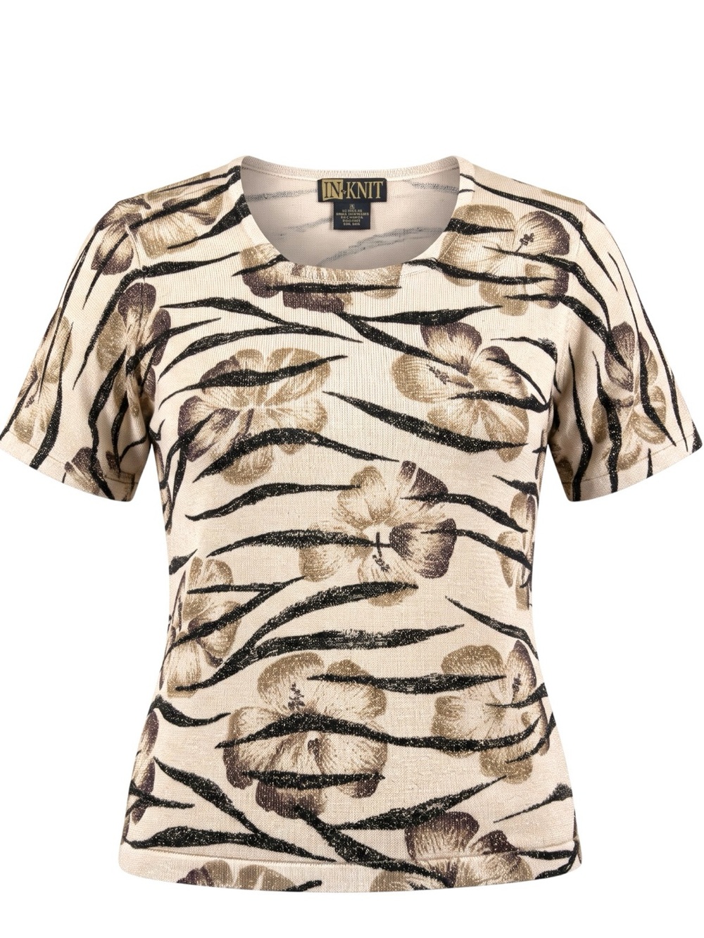 In-Knit Gold Metallic Lurex Zebra Safari Floral Print Short Sleeve Sweater Top M